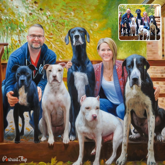 Picture of a man and a woman with five dogs that is converted into oil paintings
