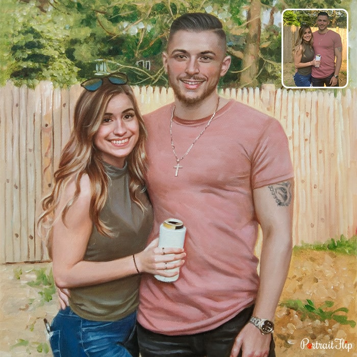 Oil paintings of a woman and man standing with their arms around each other