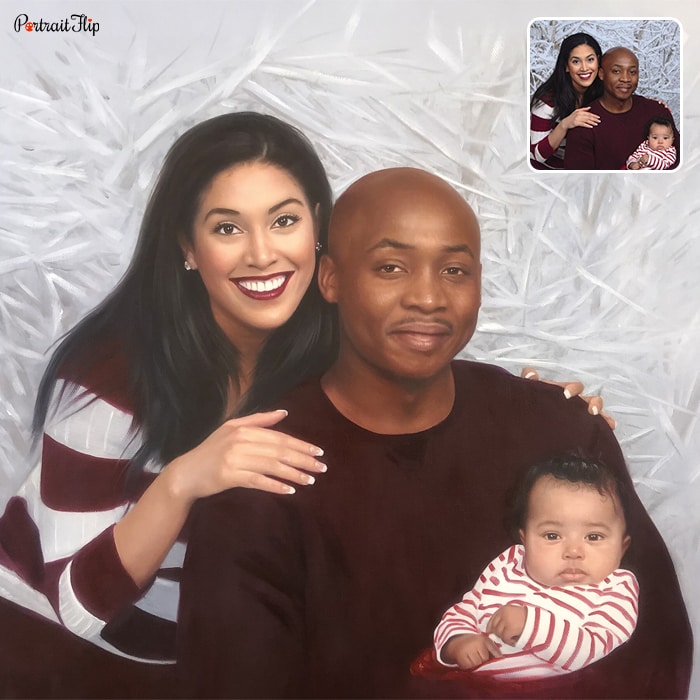 Picture of a family where the man is holding baby in his arms with the woman standing behind him is converted into oil paintings
