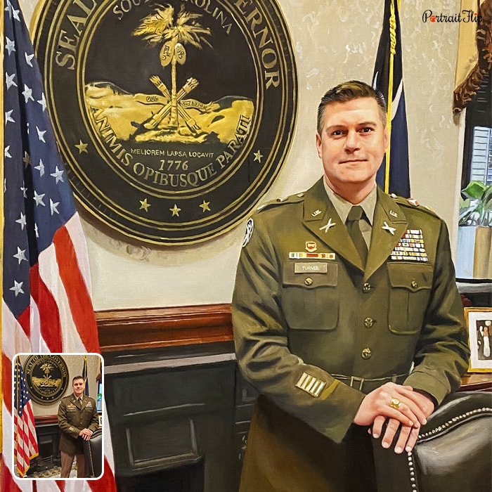 Oil paintings where a man is standing in his officer's uniform