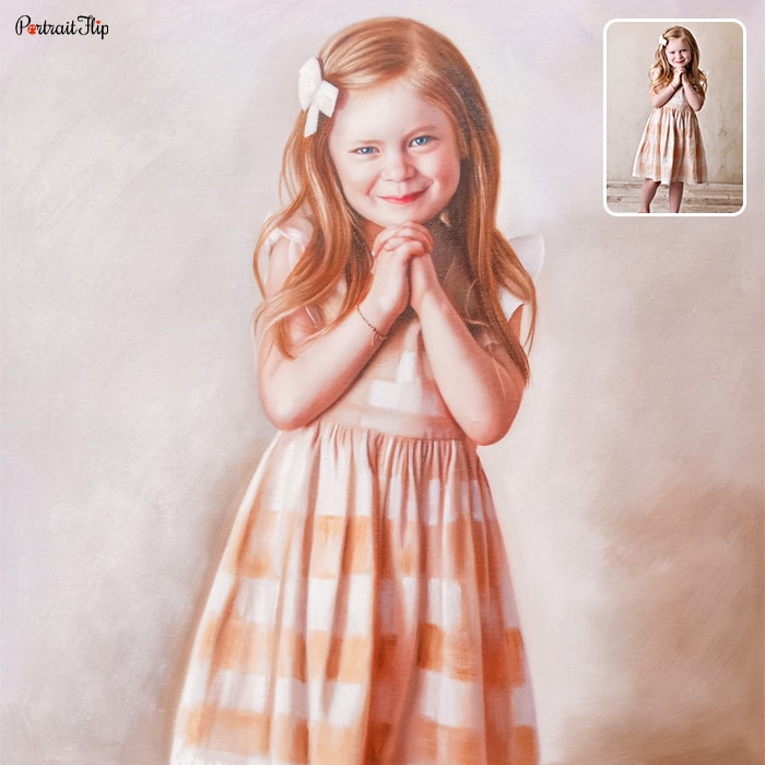 Picture of a young girl standing with his hands in a posture of prayer that is converted into oil paintings