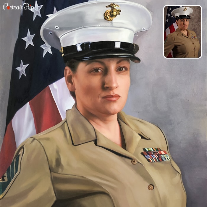 Picture of a woman wearing a uniform with the United States flag in the background that is converted into oil paintings