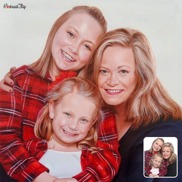 Oil paintings where a woman is sitting with two young girls beside her