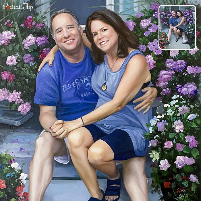Oil paintings of an old couple where the woman is sitting on man’s lap surrounded by flowers