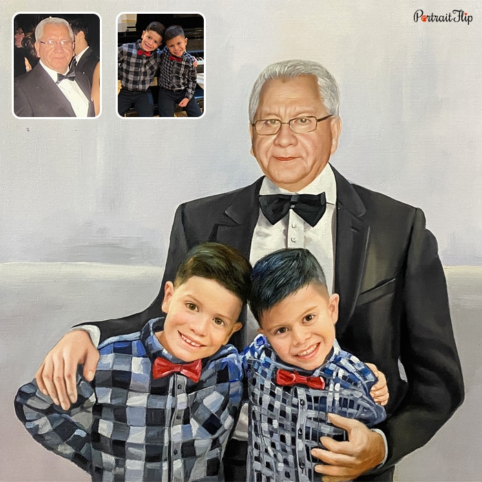 Oil paintings where an old man is standing with two young boys in front wearing same outfit