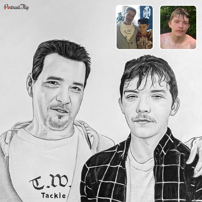 Pencil painting of two men standing next to each other