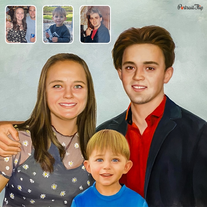 Compilation painting where a man is placed beside a woman with his one arm around her and a young boy below them