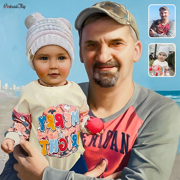 Compilation painting of a man holding a baby in his arms