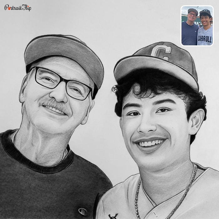 Pencil painting where an old man is standing beside a teenage boy