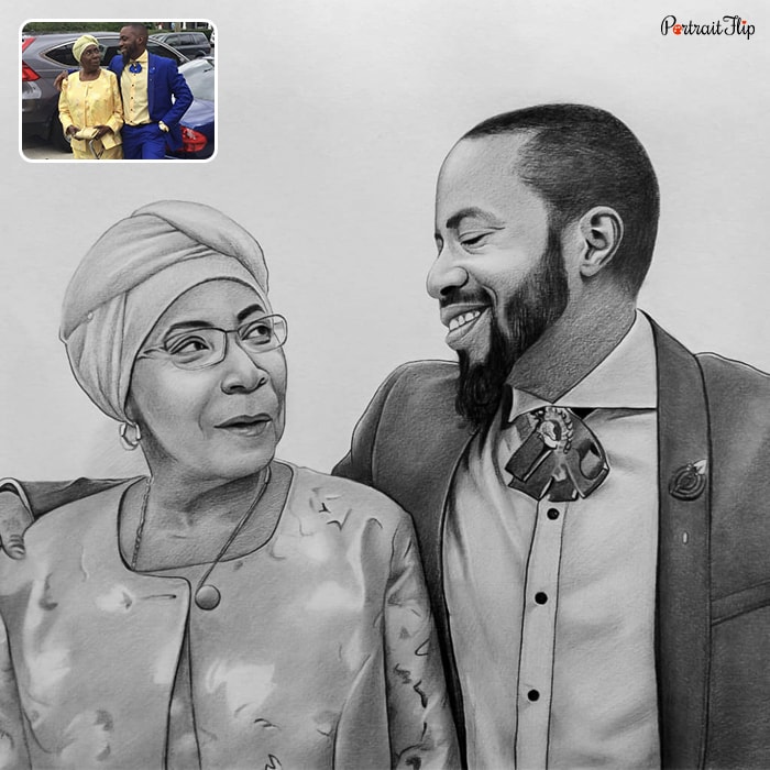 Charcoal painting of a man sitting beside an old woman with his one arm around her