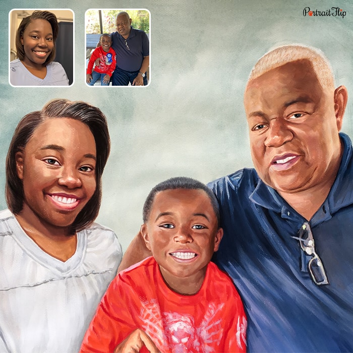 Parents and children portraits where an old man is sitting beside a young boy and girl