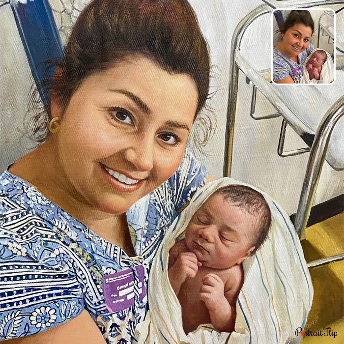 Acrylic painting of a woman holding a newborn baby