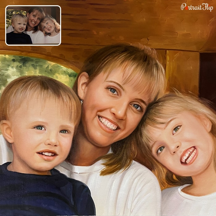Oil painting of a woman sitting with two children beside her