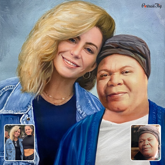 Compilation painting of an old man and a young lady placed with his head tilted towards the woman is placed next to each other