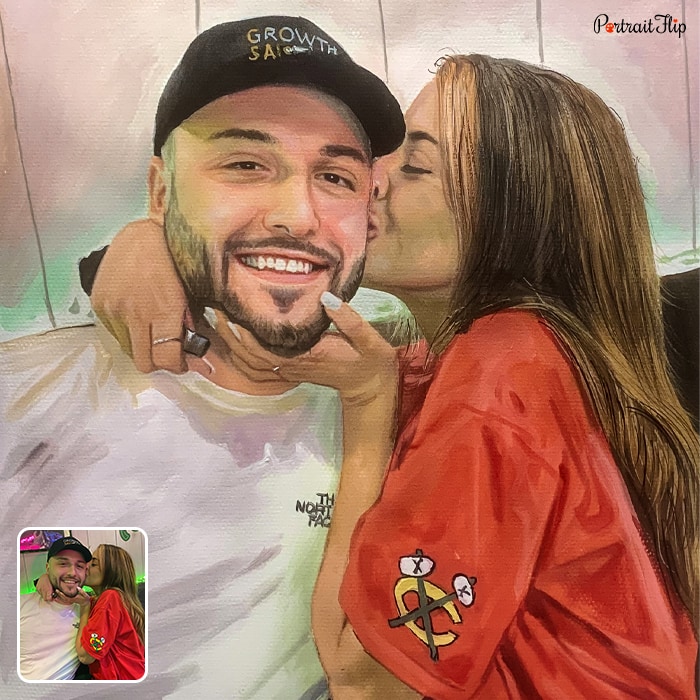 Pastel paintings where a woman is kissing a man on his cheeks
