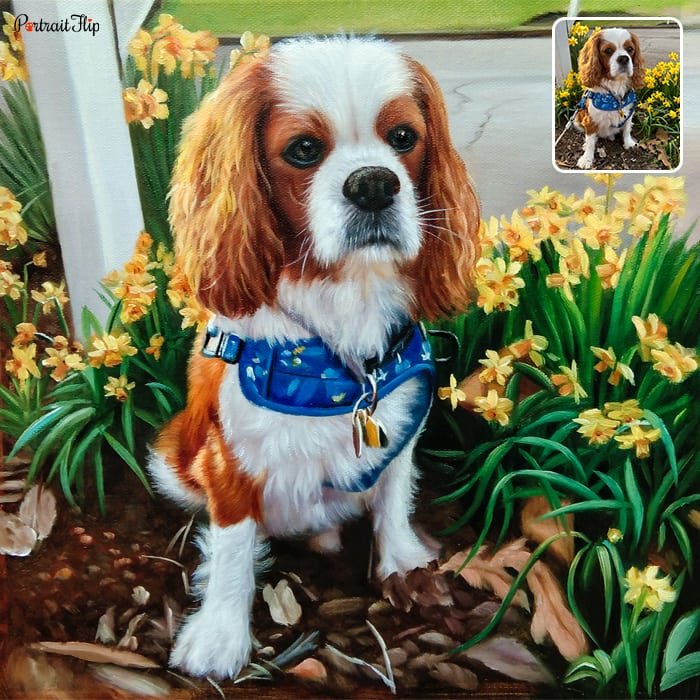 Pet memorial portrait of a dog sitting on ground surrounded by bunch of yellow flowers
