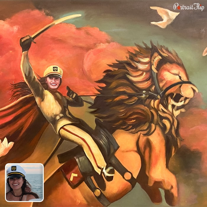 Picture of a woman rising on a lion with a sword in her hands is converted into royal portraits