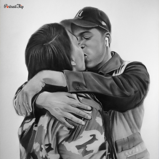 Hand-drawn charcoal portrait of a couple
