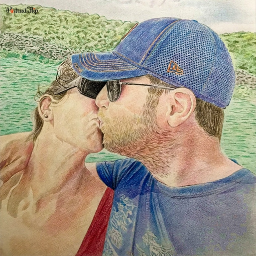 Hand-drawn colored pencil portrait of a couple