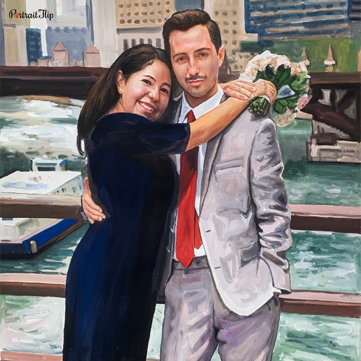 Hand-painted watercolor portrait of a couple