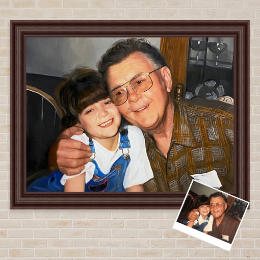 Damaged old photo of a grandfather and granddaughter restored as a painting