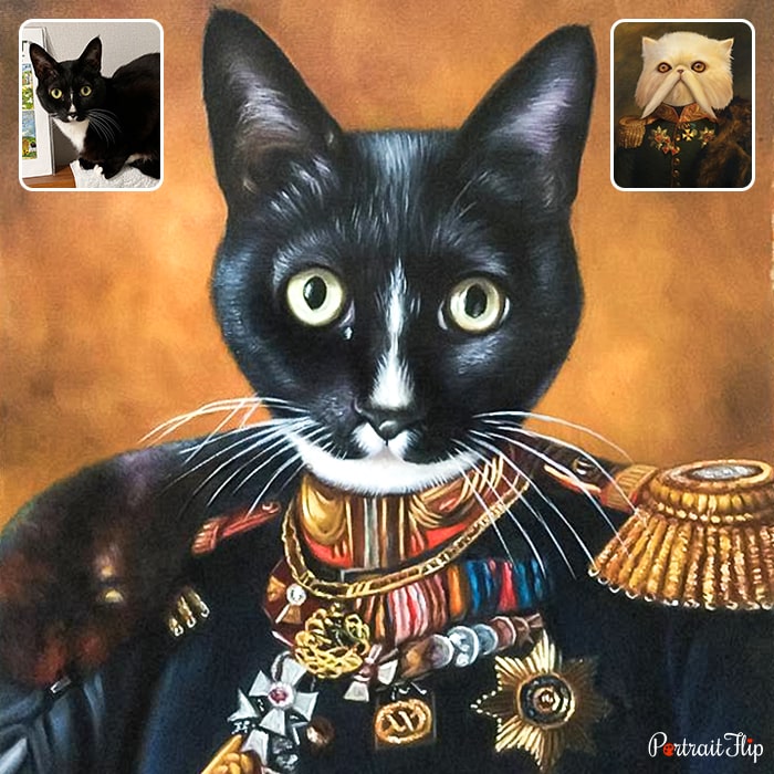 Renaissance-style royal portrait of a black cat in general's uniform