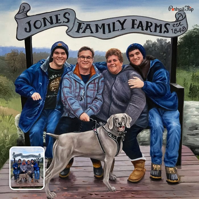 big family and dog acrylic painting