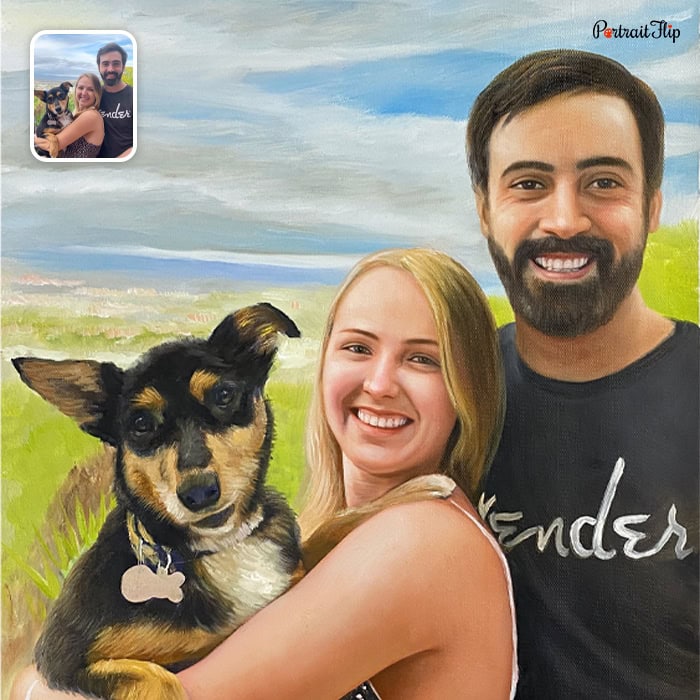 Custom hand-painted oil painting of a couple with their dog