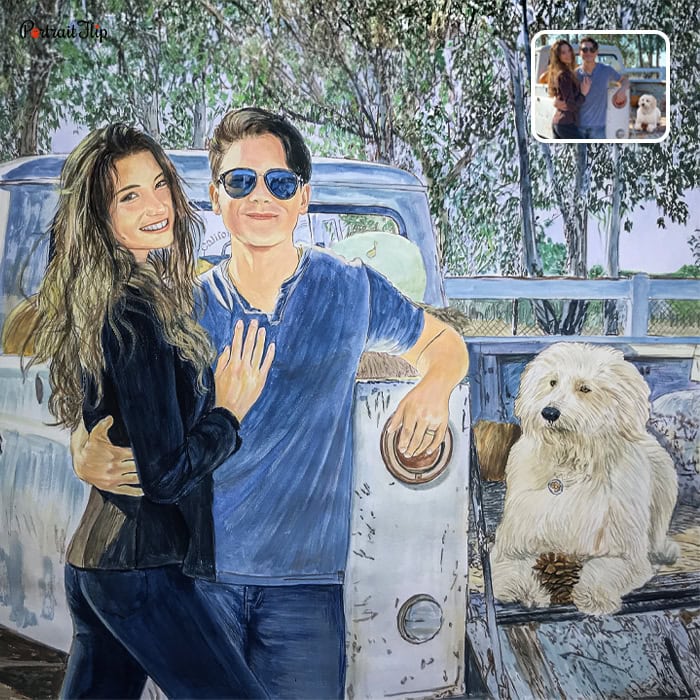 couple and dog pastel painting