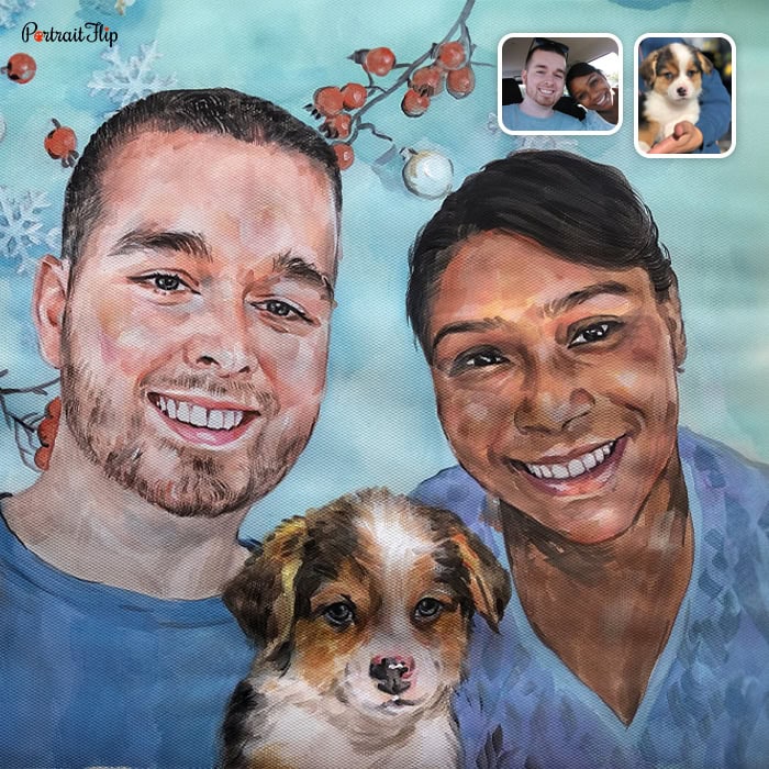 Custom watercolor painting of a couple with their dog, hand-painted from a photo