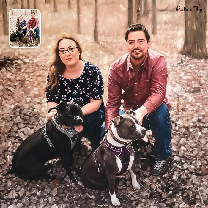 couple and two dog oil painting