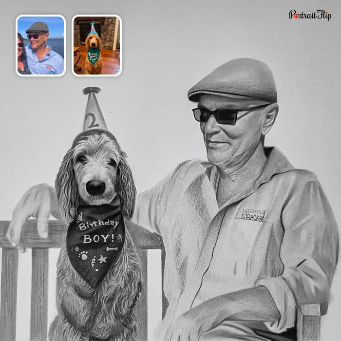 Pencil sketch of a man and his dog, drawn from two separate photos