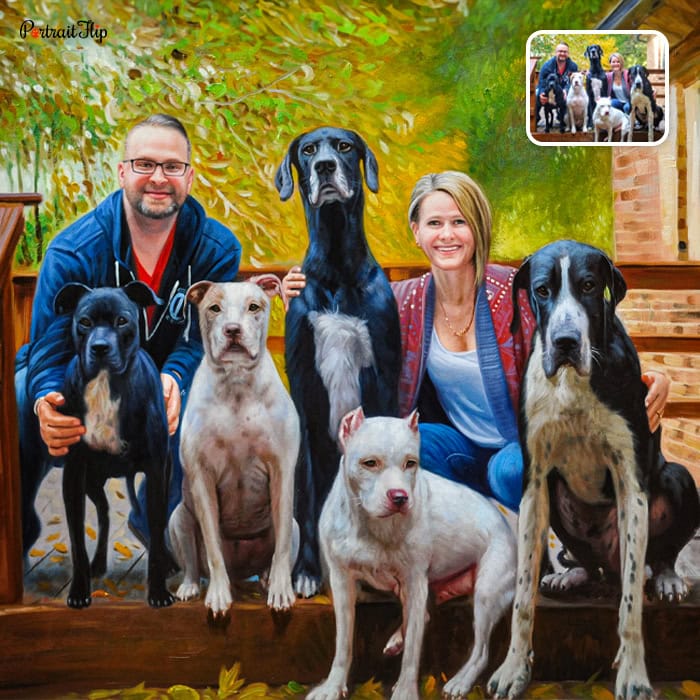 dogs and couple acrylic portrait