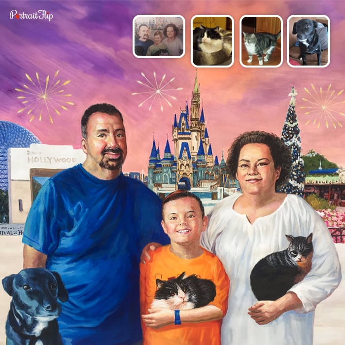 Framed pastel painting of a family with their pet