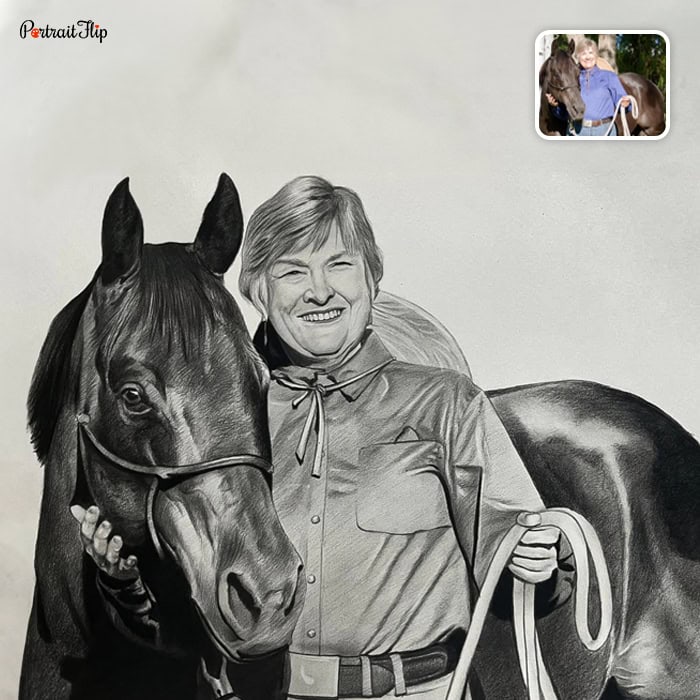 Woman with her horse pencil sketch from photo