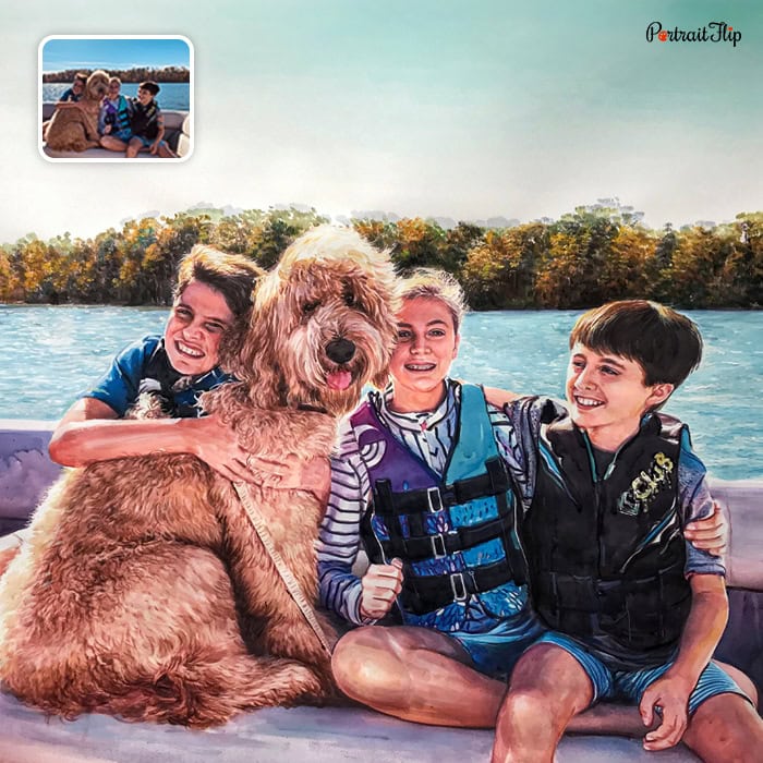 kids and dog watercolor painting