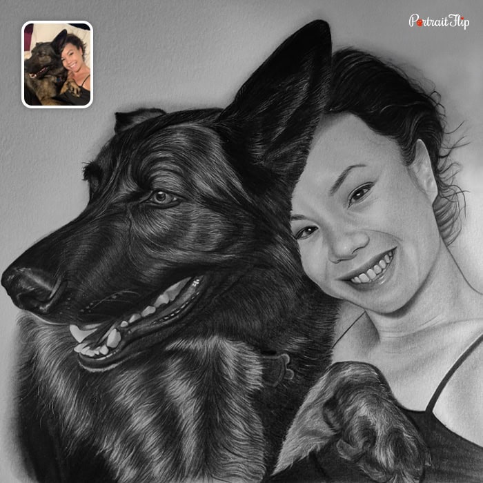 Charcoal drawing of a lady and her dog