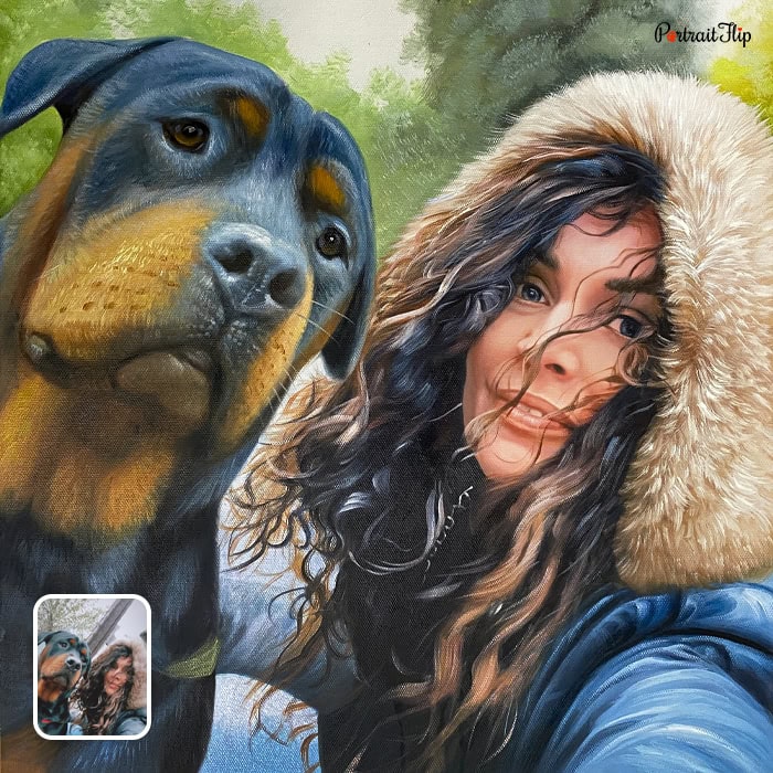 Gallery-wrapped custom oil painting of a lady with her dog