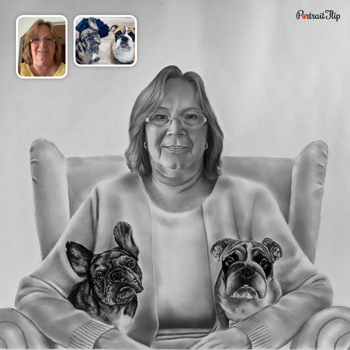 two dogs and woman pencil sketch