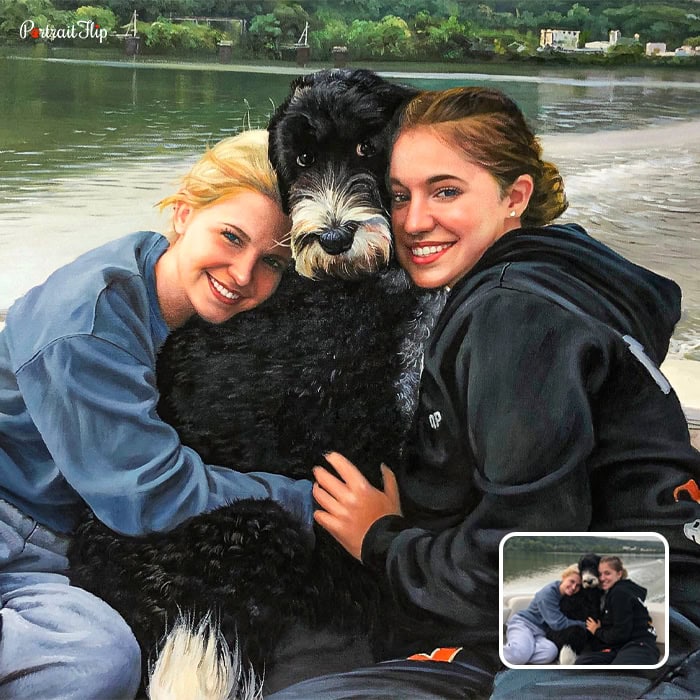 two girls and dog oil painting