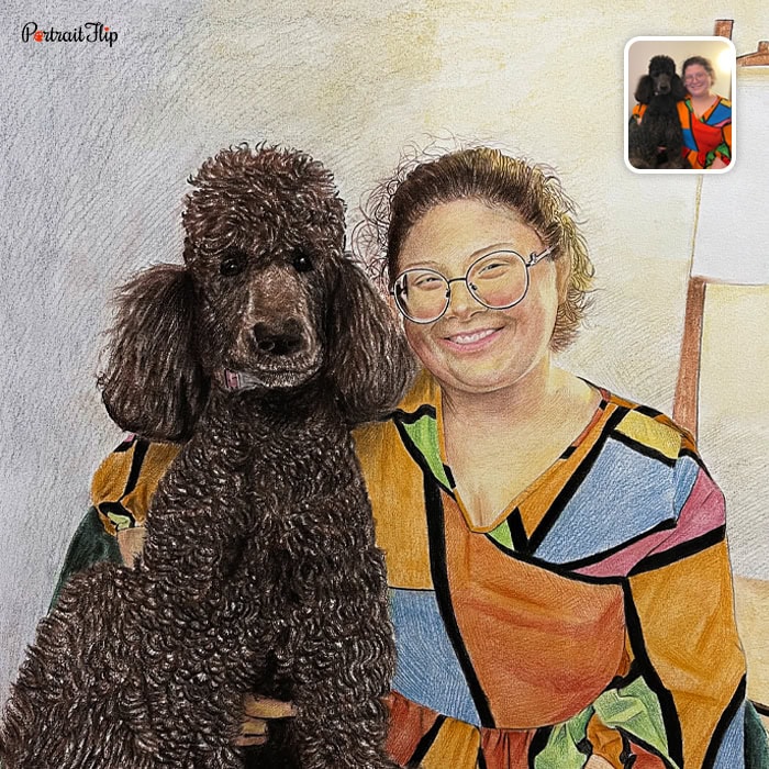 woman and dog color pencil drawing