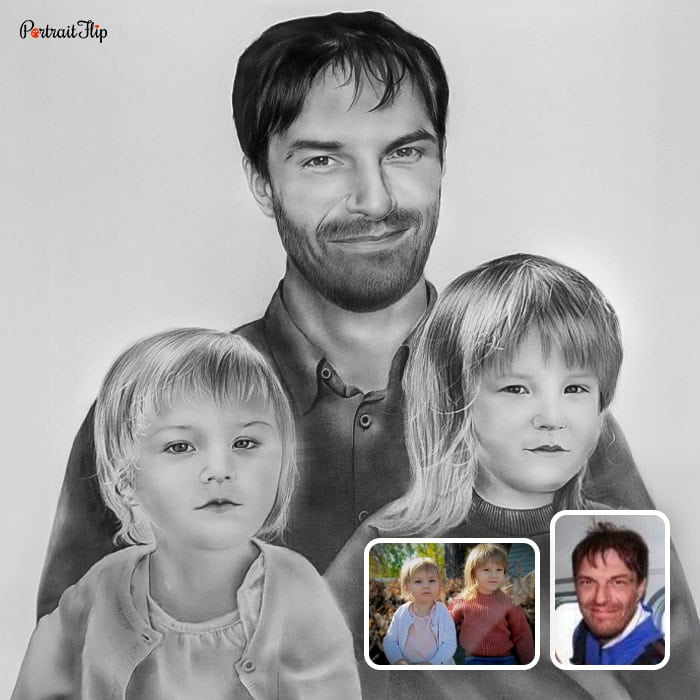 Uncle and kids compilation pencil sketch