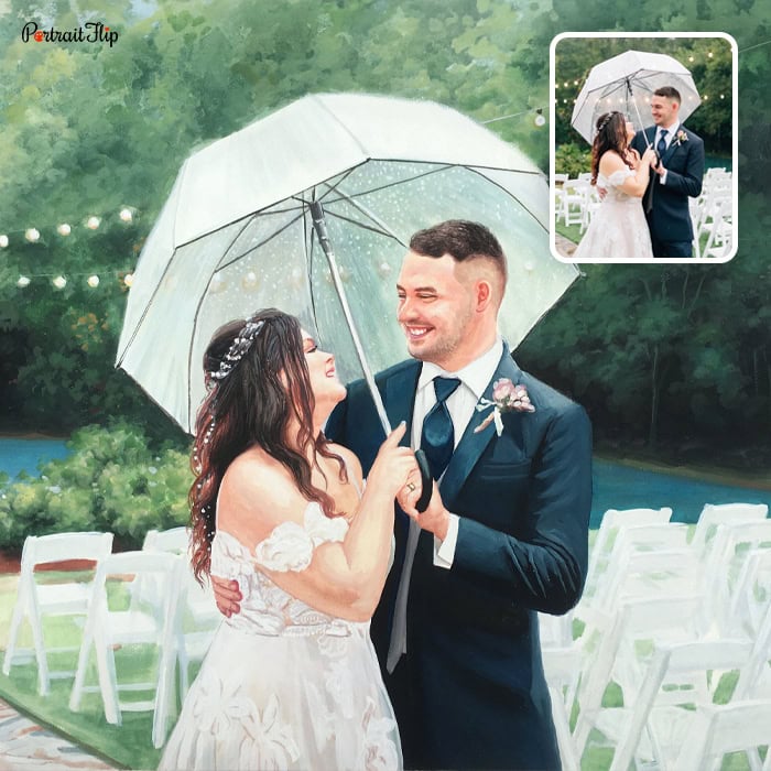 couple with umbrella watercolor artwork
