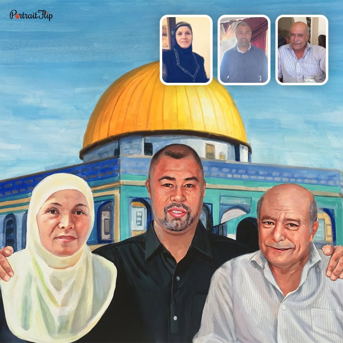 family at holy place watercolor painting