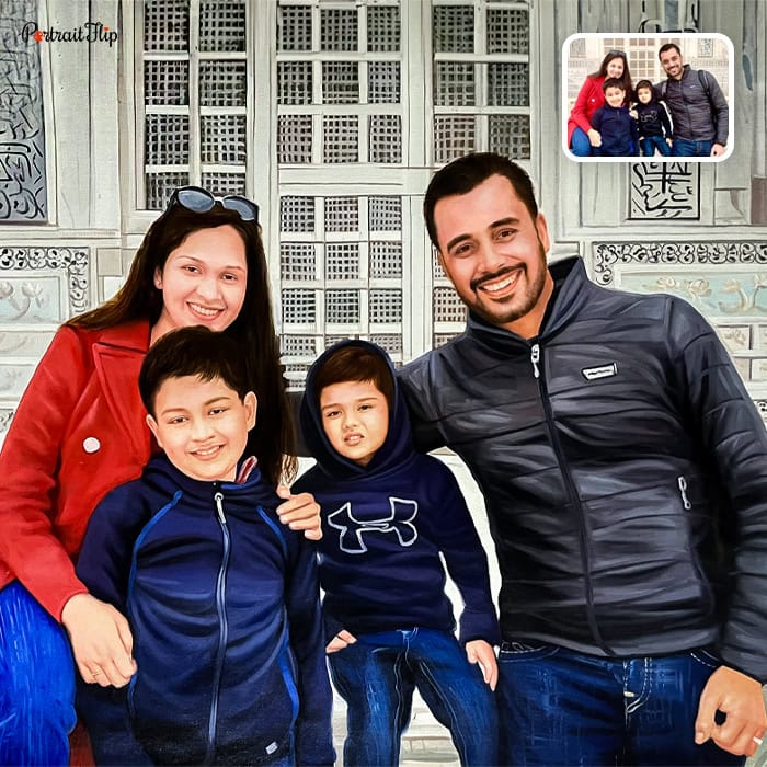 family at taj mahal oil portrait
