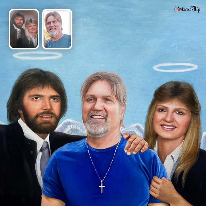 Custom angel painting of a family with halo rings and wings