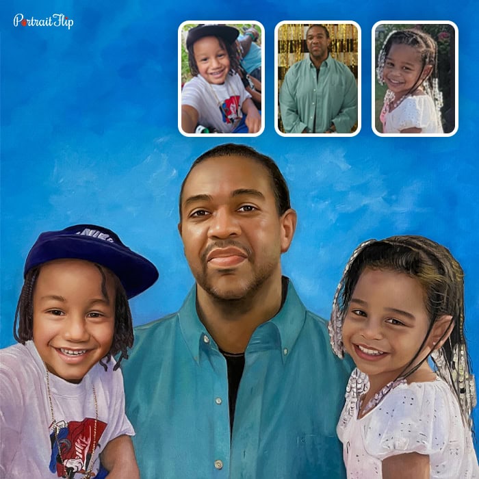 father with two daughters merged acrylic painting