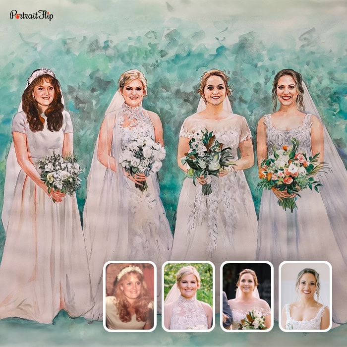 four women watercolor compilation painting