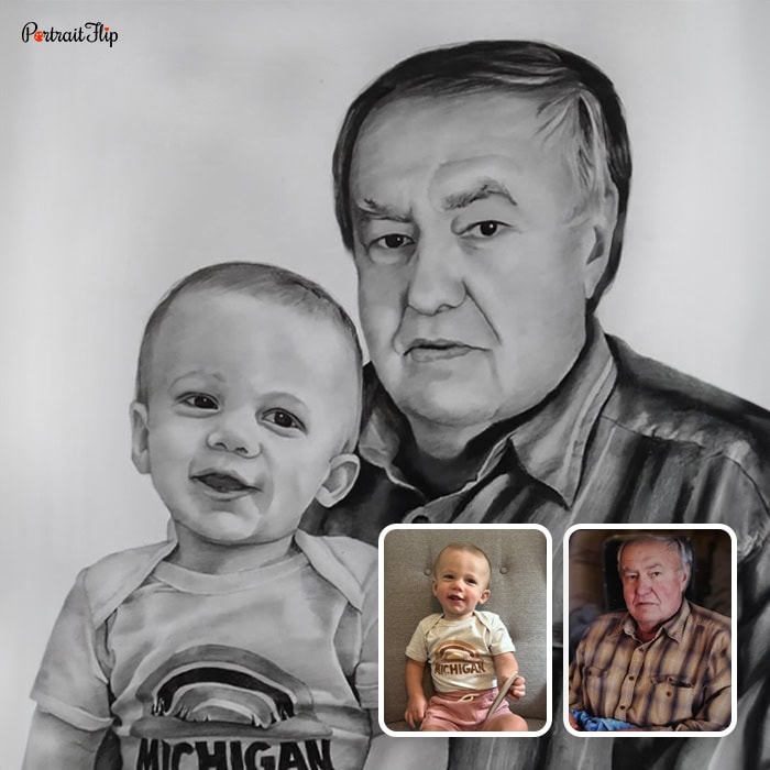 grandfather and grandchild charcoal drawing
