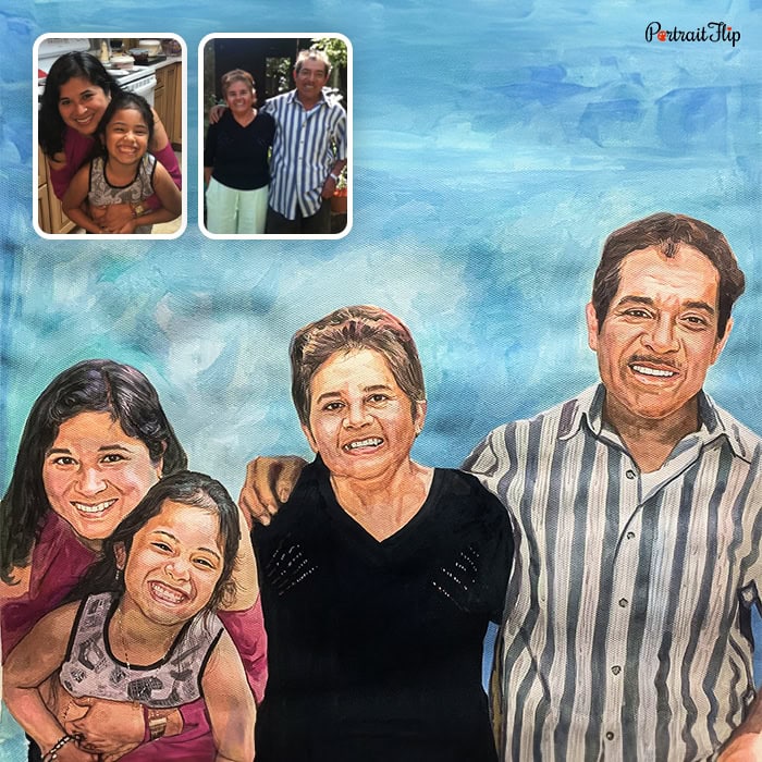 grandparents with kids watercolor portrait